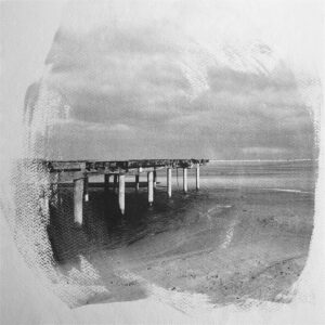 Silver emulsion on watercolour paper creating a photograph of a wooden construction on a beach
