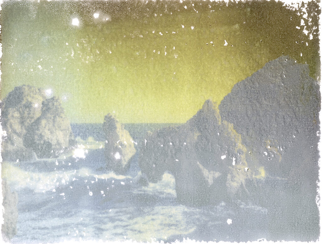 Polaroid transfer on Arches Platine paper showing the famous rocky south shores of Portugal