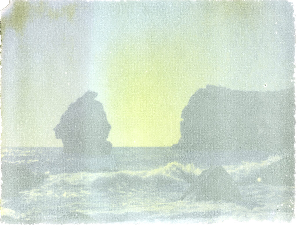 Polaroid transfer onto Arches Platine paper showing the rocky shores of Portugal