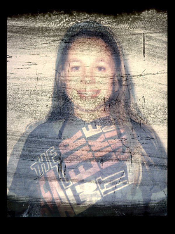 Mother and daughter superimposed, peeled polaroids. The polaroids were placed on top of each other and scanned, thus creating one image.
It visually turns two people into one. But who wants that? We are not I
